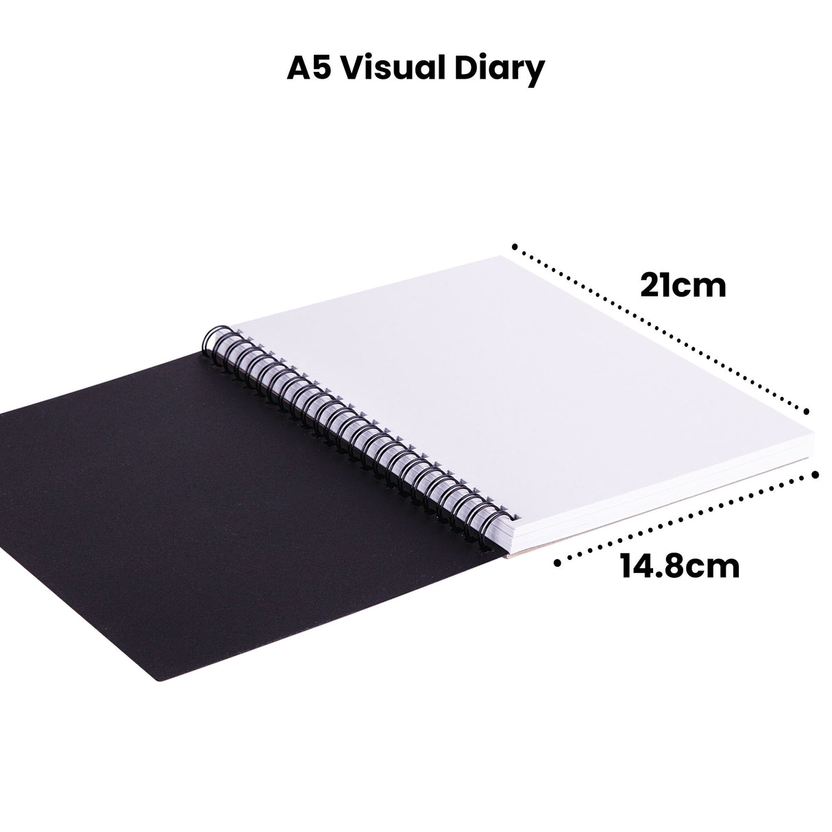 A5 Visual Diary with black spiral binding and white pages, displayed open on a black card cover. Dimensions annotated show 21cm width and 14.8cm height. The diary features thick white pages suitable for drawing and sketching.