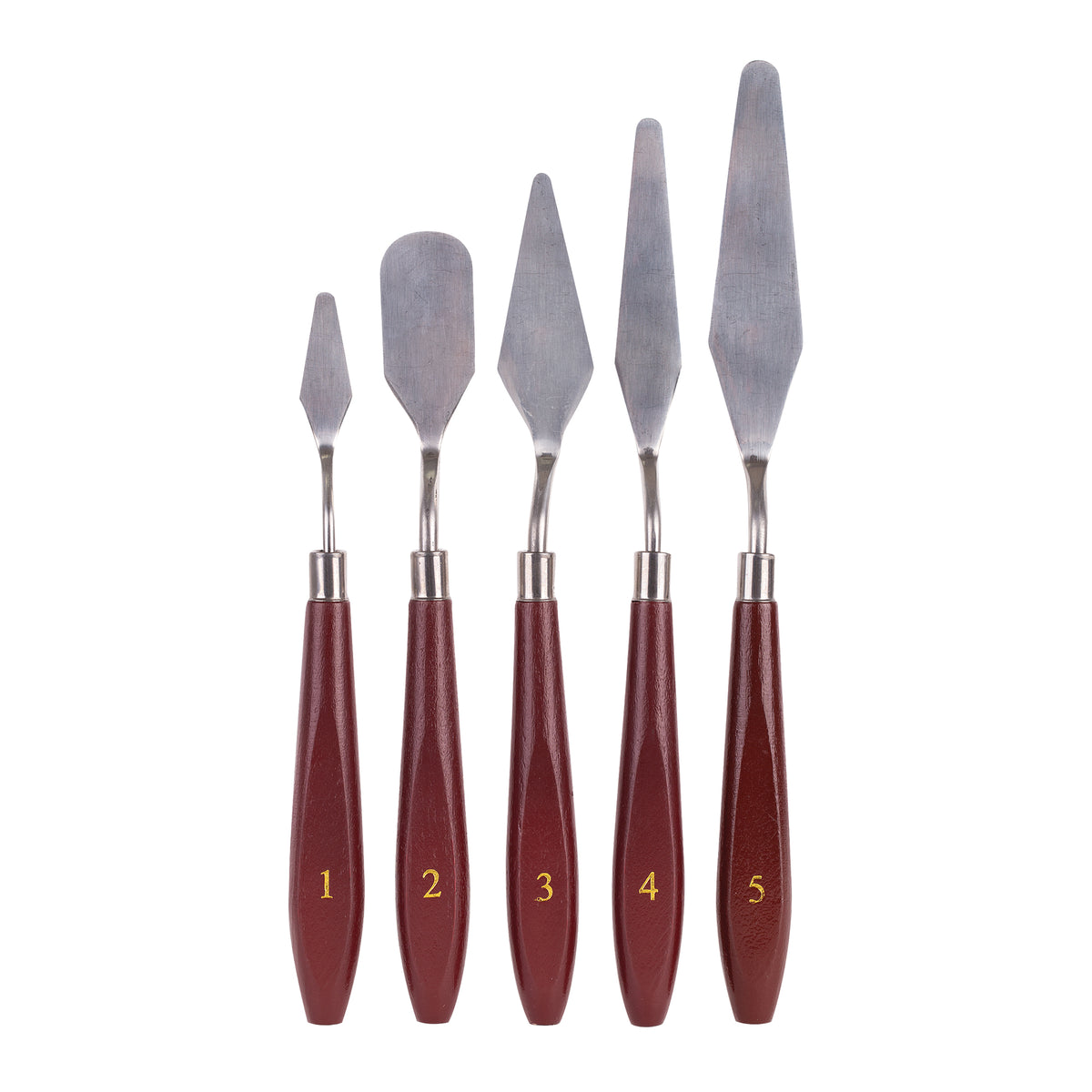 Zart Palette Knife Set of five, arranged upright in a row with polished dark red timber handles numbered 1 to 5 in gold. Each has a flexible cranked metal blade in a different shape — small pointed, rounded, diamond and elongated tapered forms — with metal ferrules.
