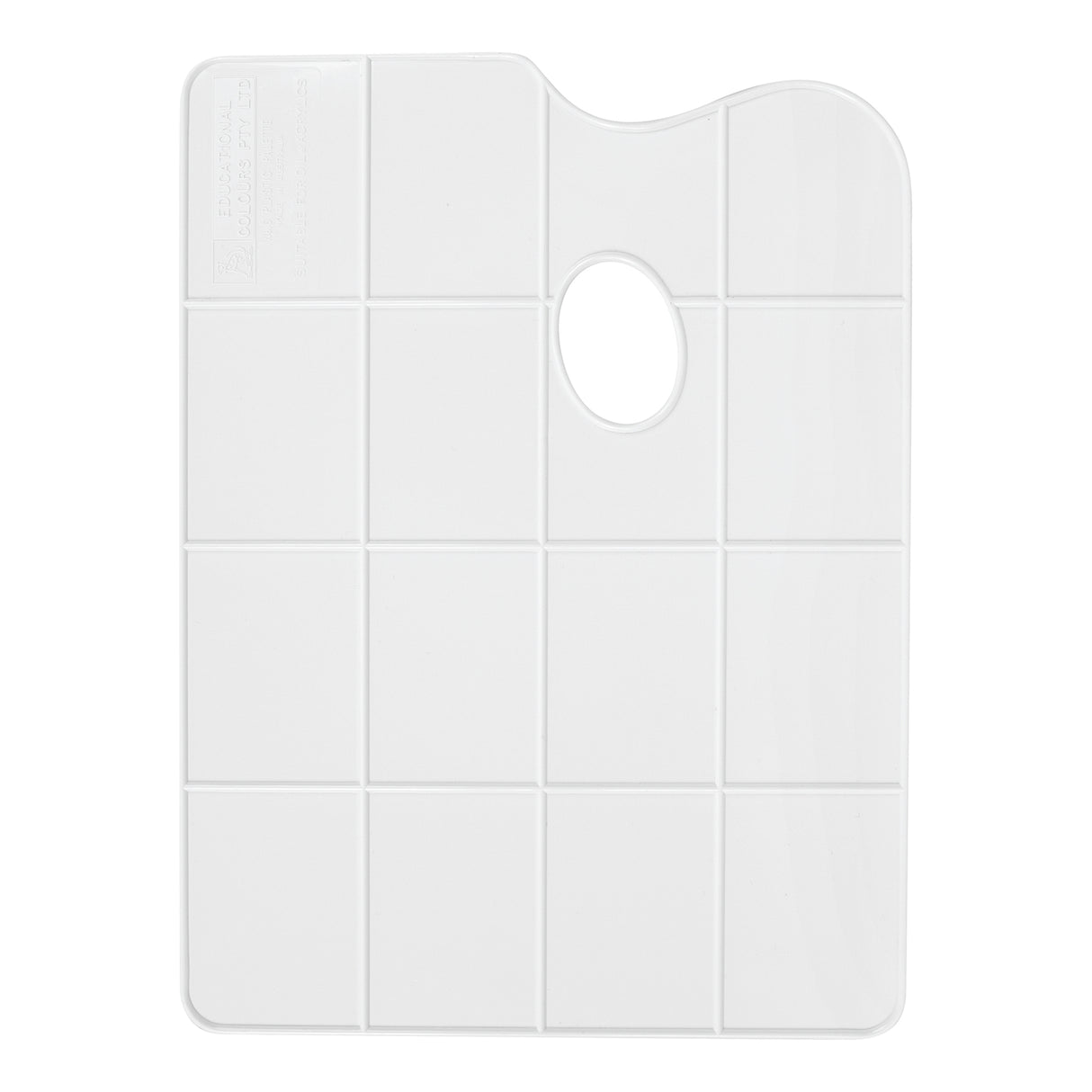 A flat rectangular white plastic mixing palette with rounded corners, a curved cut-out and an oval thumb hole near the top. A shallow moulded grid divides the smooth white surface into 16 rectangular mixing wells arranged across four rows, with the thumb hole set among the top wells.