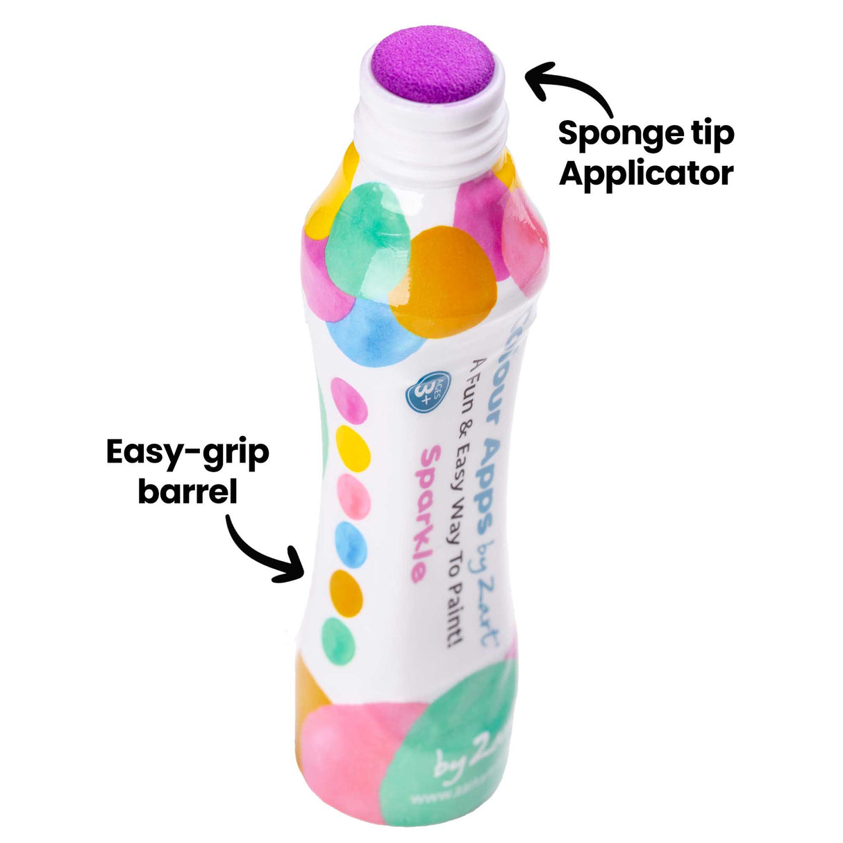 Single Zart Colour Apps Sparkle bottle shown upright with the cap removed, revealing a purple sponge tip. On-image annotations read “Sponge tip Applicator” and “Easy-grip barrel” with arrows pointing to each feature.
