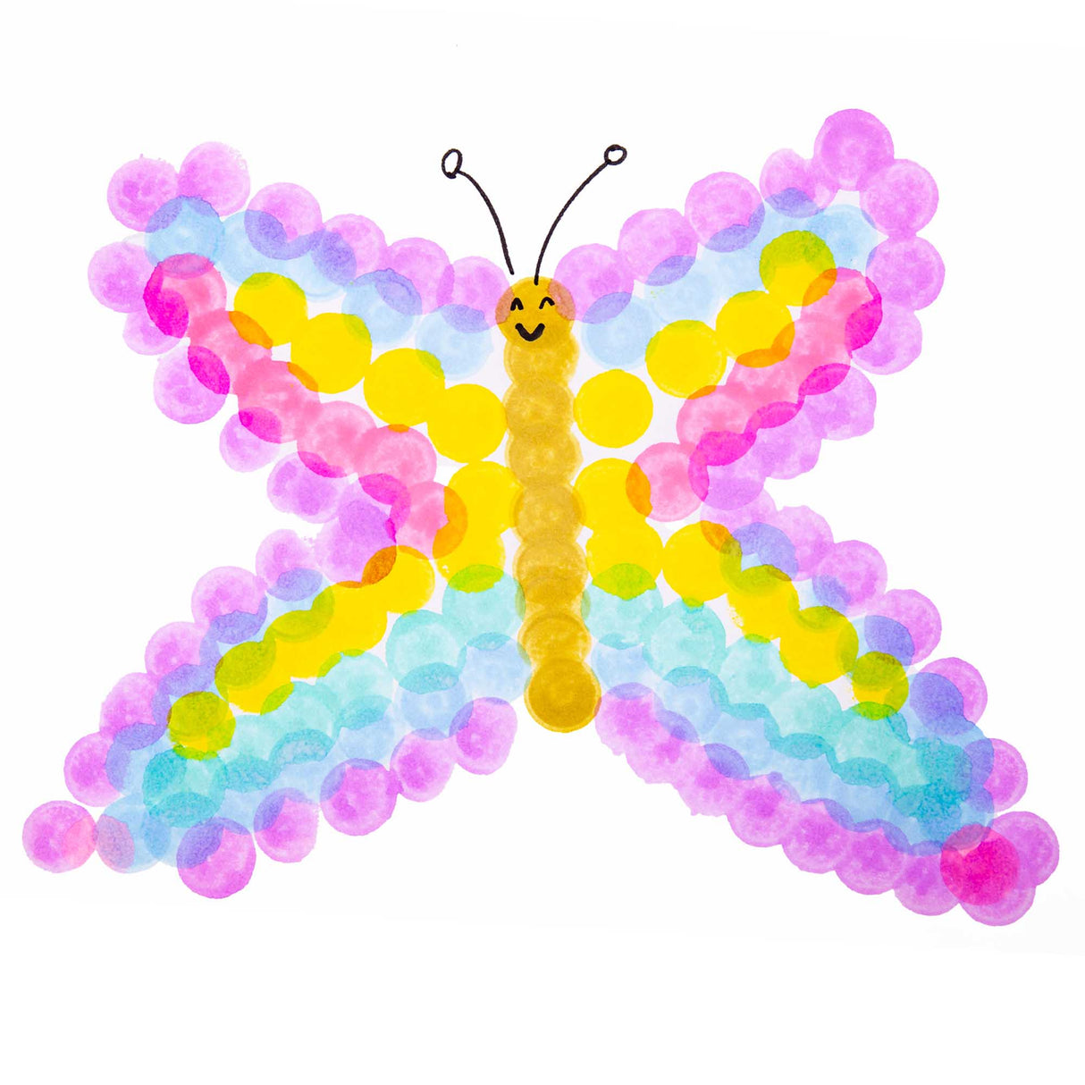 Finished butterfly artwork made from layered pastel dot stamps. Yellow body and multicoloured wings are created using overlapping circular sponge marks on a white background.