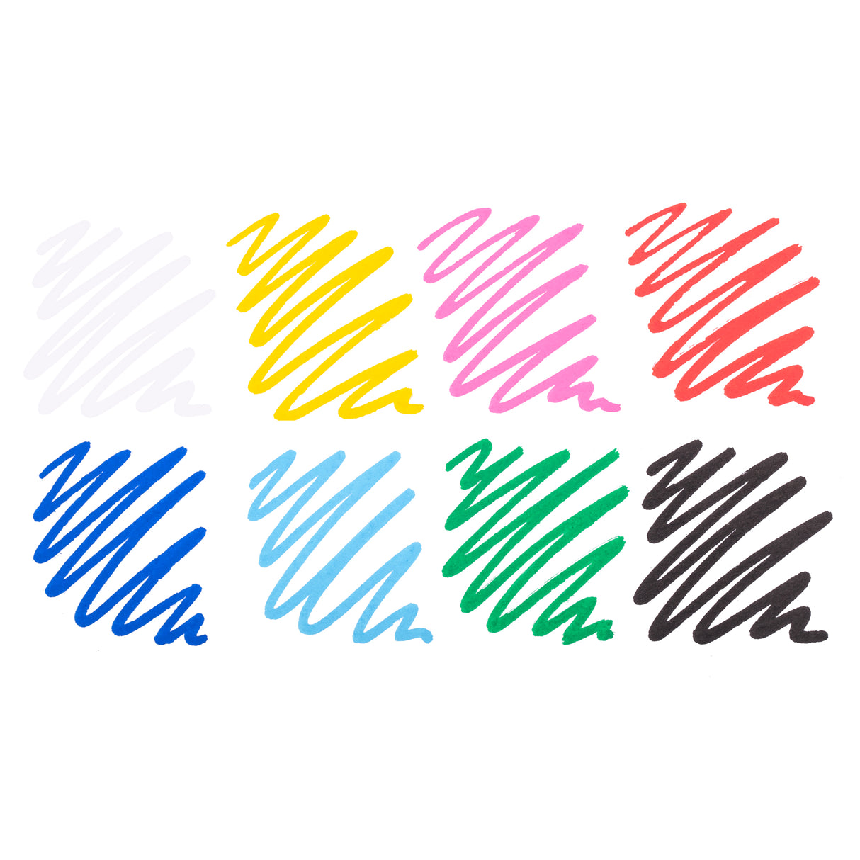 Ten POSCA paint marker colour swatches drawn in loose strokes on white paper, showing shades of white, yellow, pink, red, blue, aqua, green and black.