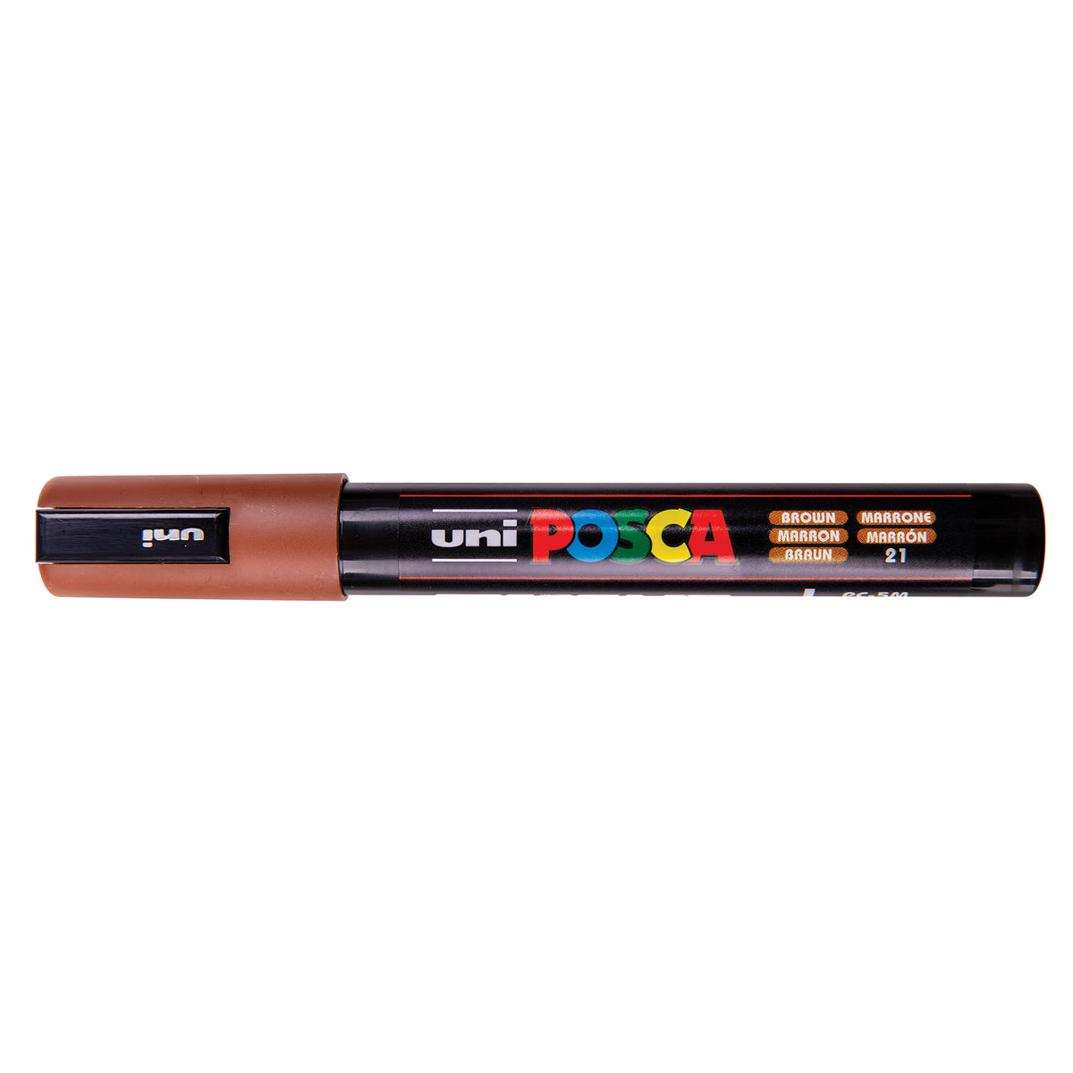 A uni POSCA paint marker shown horizontally against a white background. The glossy black cylindrical barrel carries the colourful POSCA branding and is topped by a uni clip, with the coloured cap or exposed bullet nib indicating the paint colour inside.