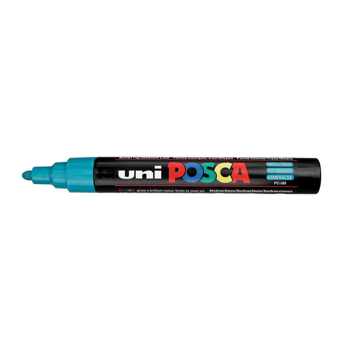 A uni POSCA paint marker shown horizontally against a white background. The glossy black cylindrical barrel carries the colourful POSCA branding and is topped by a uni clip, with the coloured cap or exposed bullet nib indicating the paint colour inside.