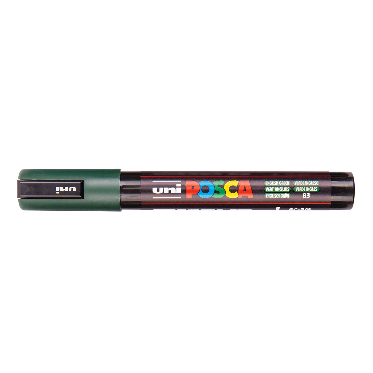 A uni POSCA paint marker shown horizontally against a white background. The glossy black cylindrical barrel carries the colourful POSCA branding and is topped by a uni clip, with the coloured cap or exposed bullet nib indicating the paint colour inside.