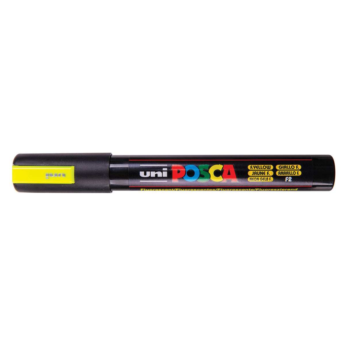 A uni POSCA paint marker shown horizontally against a white background. The glossy black cylindrical barrel carries the colourful POSCA branding and is topped by a uni clip, with the coloured cap or exposed bullet nib indicating the paint colour inside.