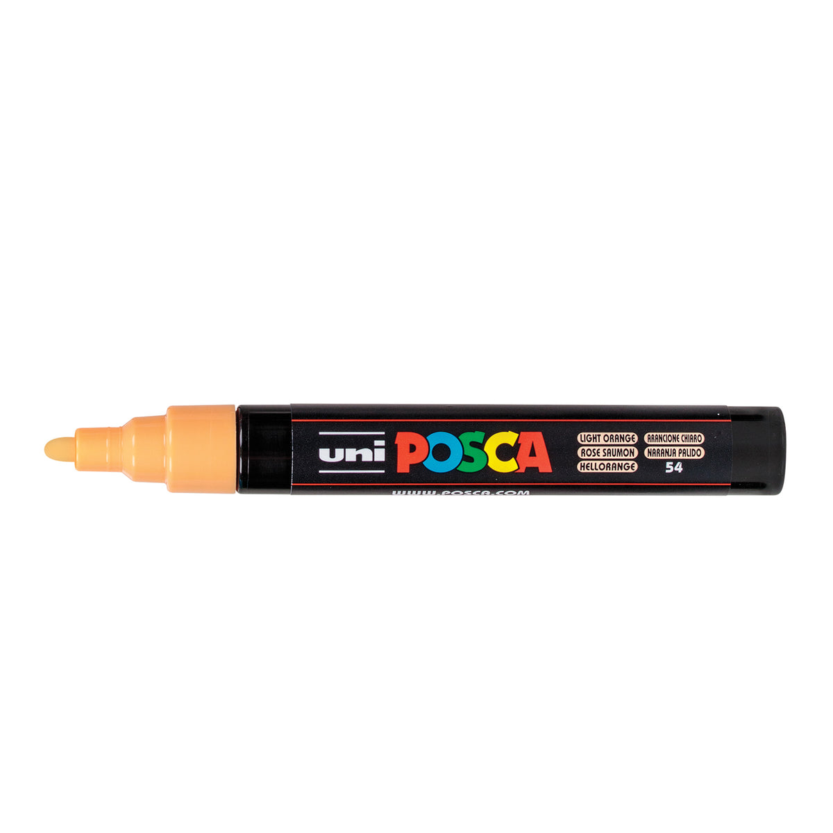 A uni POSCA paint marker shown horizontally against a white background. The glossy black cylindrical barrel carries the colourful POSCA branding and is topped by a uni clip, with the coloured cap or exposed bullet nib indicating the paint colour inside.