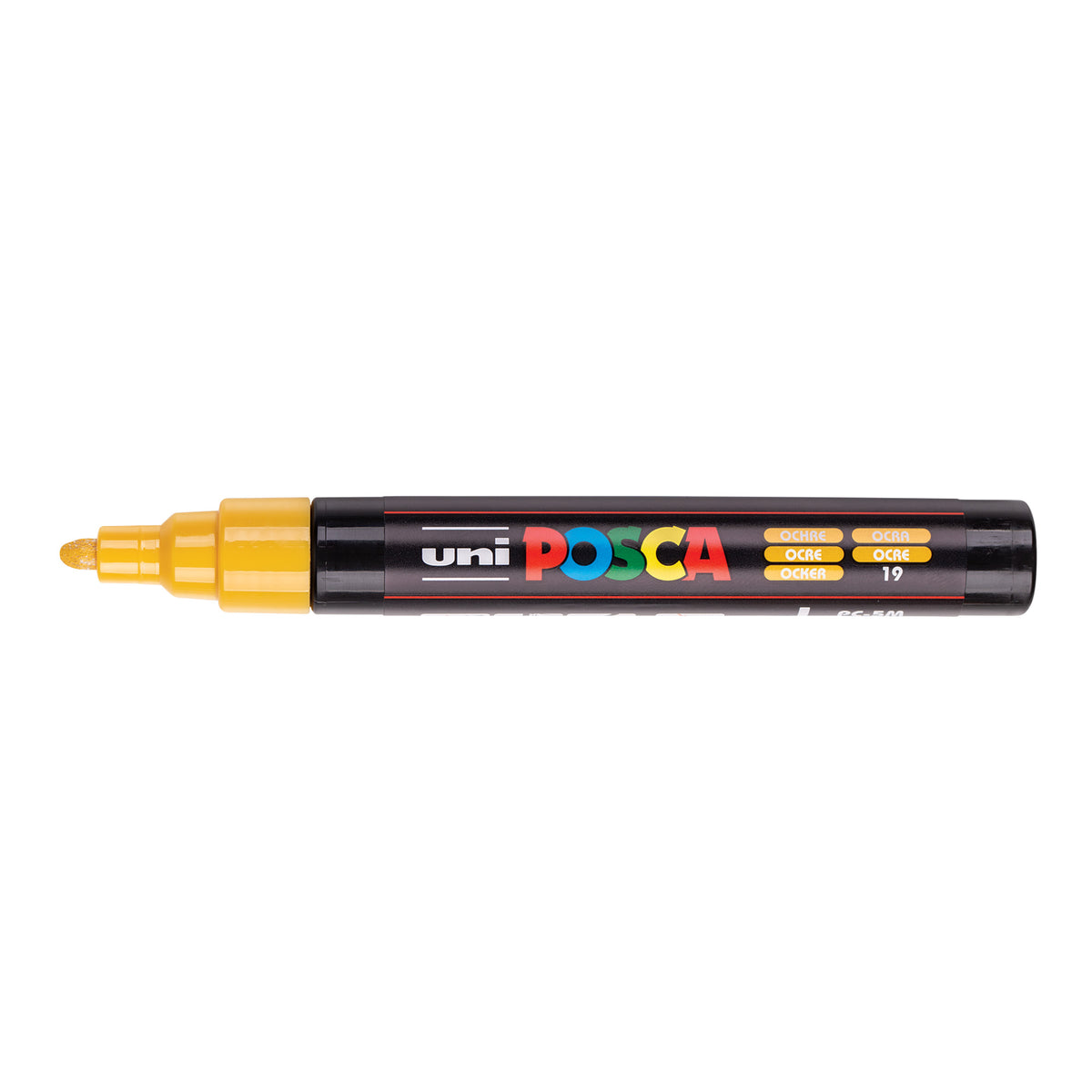 A uni POSCA paint marker shown horizontally against a white background. The glossy black cylindrical barrel carries the colourful POSCA branding and is topped by a uni clip, with the coloured cap or exposed bullet nib indicating the paint colour inside.