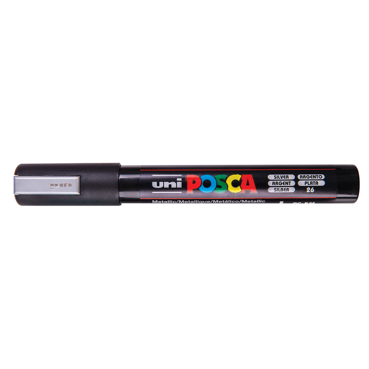 A uni POSCA paint marker shown horizontally against a white background. The glossy black cylindrical barrel carries the colourful POSCA branding and is topped by a uni clip, with the coloured cap or exposed bullet nib indicating the paint colour inside.