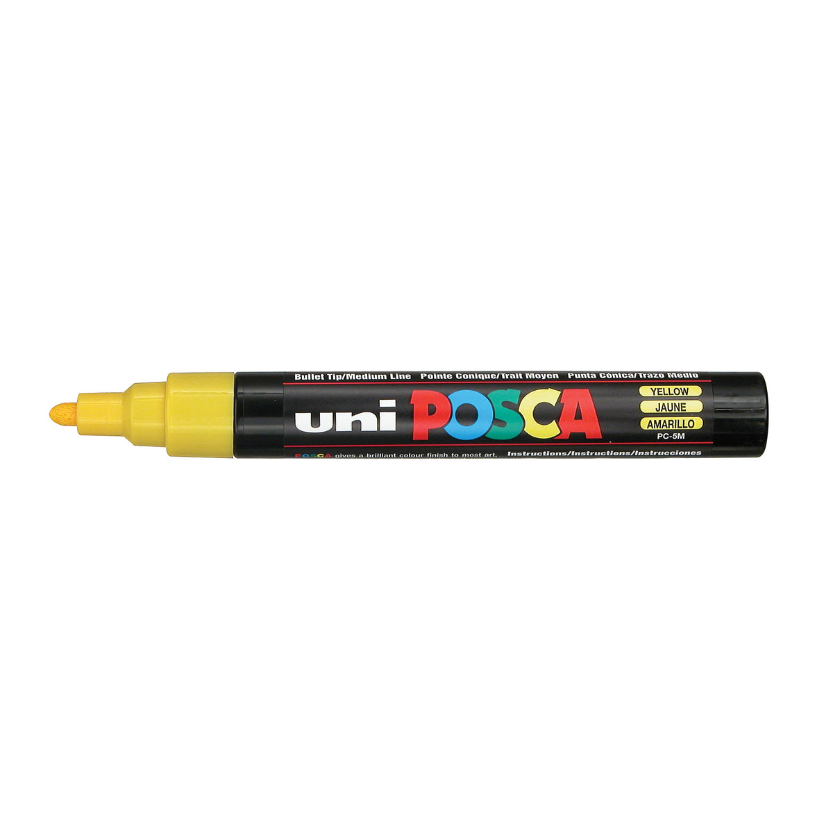 A uni POSCA paint marker shown horizontally against a white background. The glossy black cylindrical barrel carries the colourful POSCA branding and is topped by a uni clip, with the coloured cap or exposed bullet nib indicating the paint colour inside.