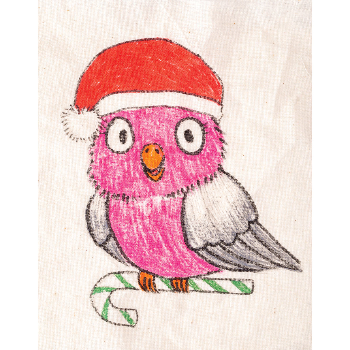 A Staedtler Double Ended Fabric Marker drawing of a wide-eyed pink owl in a red Santa hat, perched on a green-and-white striped candy cane. Grey-shaded wings and warm orange feet add depth, with soft crayon-like shading and bold black outlines defining the fabric artwork's whimsical, hand-drawn style.