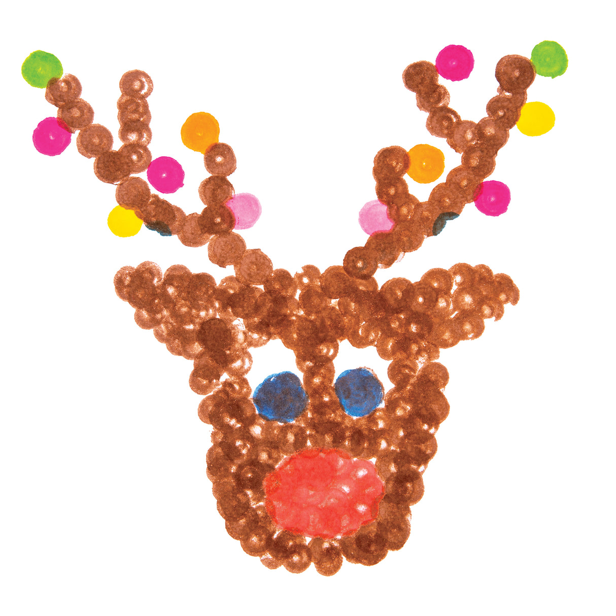 A reindeer face and antlers created entirely from dabbed circular dots using Zart Colour Apps Minis, with layered brown dot texture forming the fur and antler branches, a red dot nose, blue dot eyes, and scattered bright pink, orange, yellow and green dots decorating the antler tips.