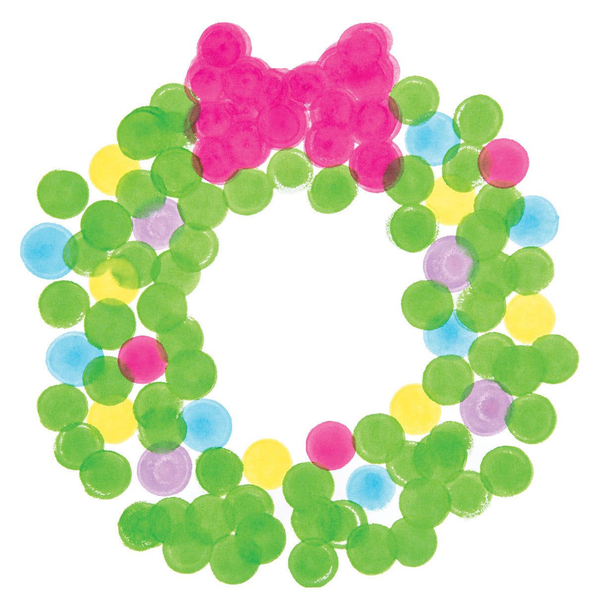 A round wreath shape made from clustered green dot prints using Zart Colour Apps Minis, dotted throughout with small yellow, blue and purple accents, and topped with a layered pink bow formed from overlapping circular dabs in the same dotting technique.