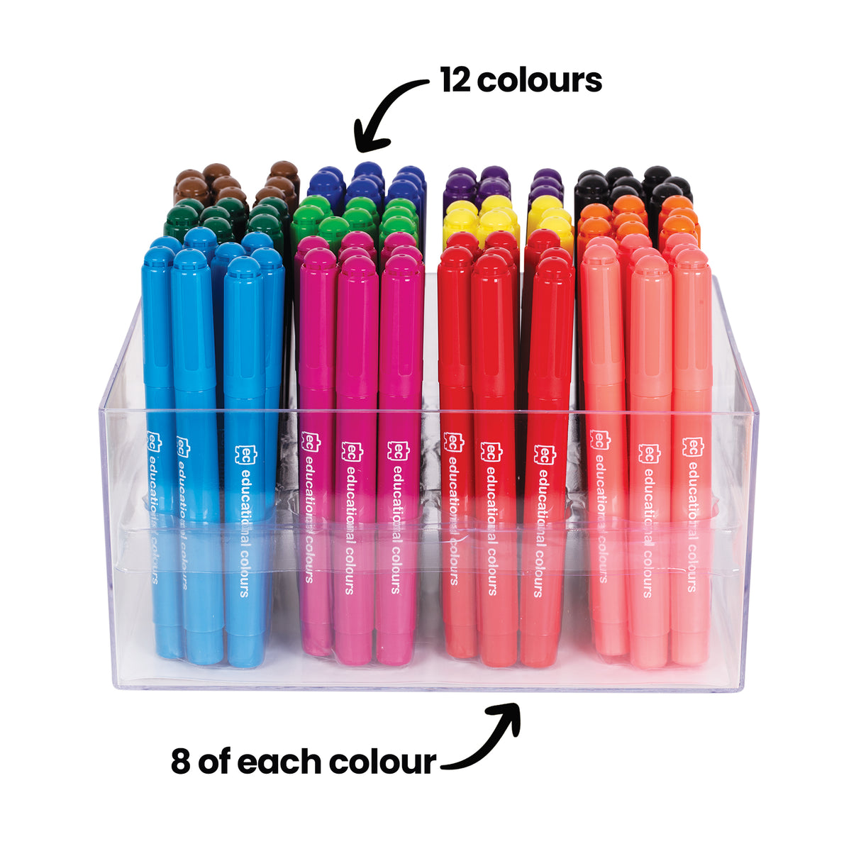 Clear plastic tray of jumbo markers arranged by colour with bold annotations reading “12 colours” above and “8 of each colour” below. Markers are grouped neatly, showcasing the vibrant range and practical organisation of the classroom pack.