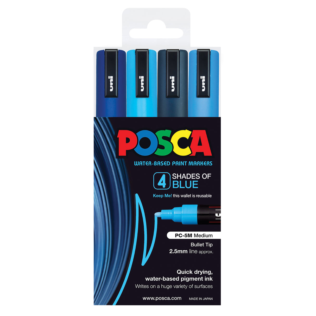 POSCA water-based paint markers pack containing 4 shades of blue markers with black caps and bullet tips. Packaging shows blue brush strokes and text "4 SHADES OF BLUE", "PC-5M Medium Bullet Tip 2.5mm line approx.", and "Quick drying, water-based pigment ink". Made in Japan.