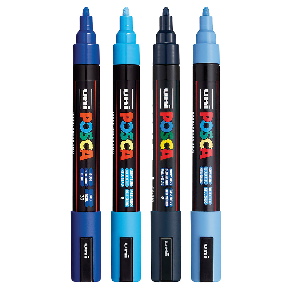 Four uni POSCA PC-5M markers in blue shades arranged horizontally, showing black barrels with colourful POSCA branding. From left to right: dark blue, bright cyan, navy, and light blue markers, each with matching coloured caps and bullet tips, displaying their respective colour numbers.