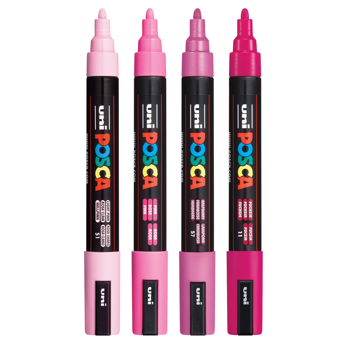 Four Uni POSCA PC-5M markers displayed upright in varying pink shades, from pale blush to vibrant magenta. Each marker features a black barrel with colourful POSCA branding and a matching pink cap and tip, showing the medium bullet nib design.