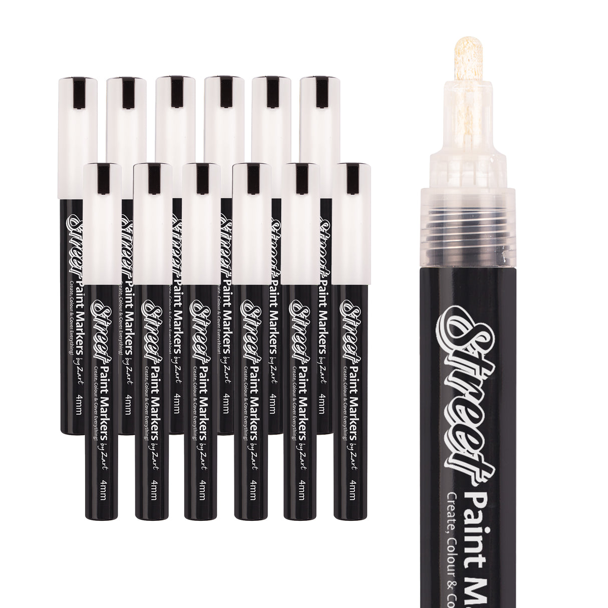 Street Paint Markers by Zart with white caps are grouped neatly, accompanied by a close-up of the nib. The tip appears coated in pale, opaque pigment, contrasting with the glossy black barrel and clean white cap.