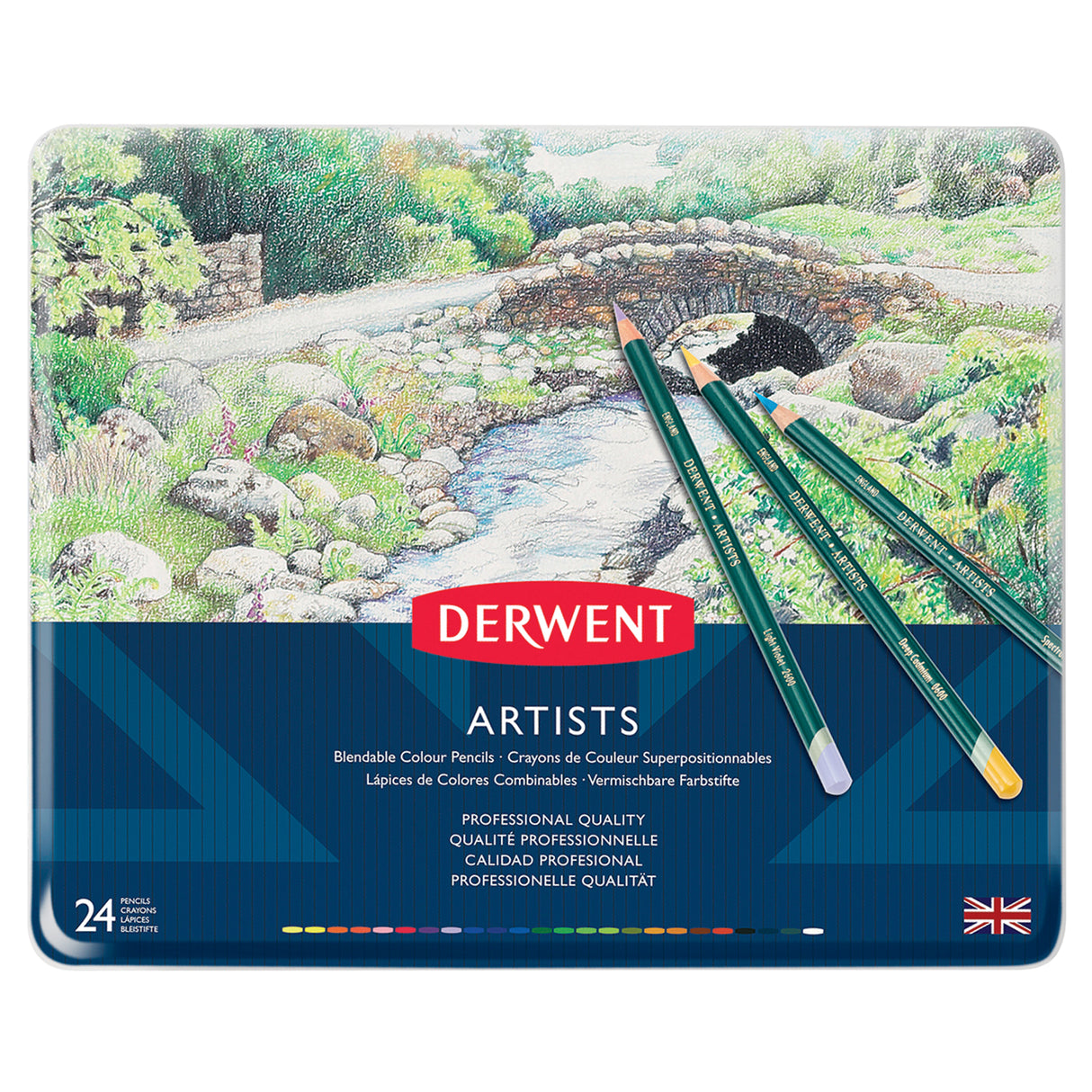 Derwent Artists' color pencils set with a scenic illustration on the packaging.