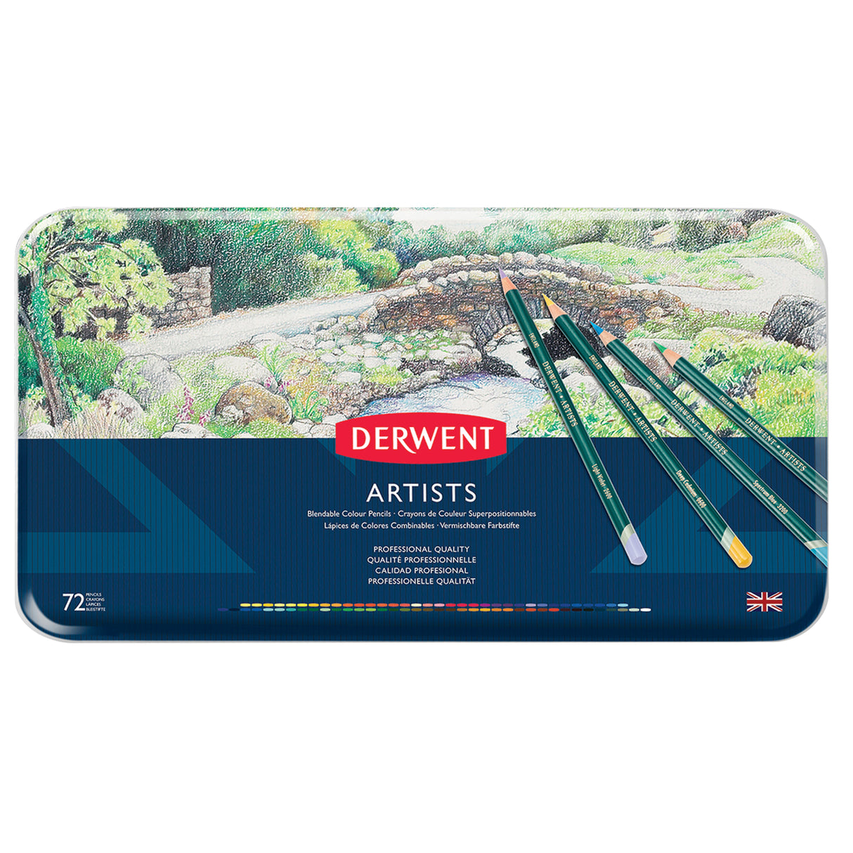 Derwent Artists color pencil set with a scenic illustration on the lid