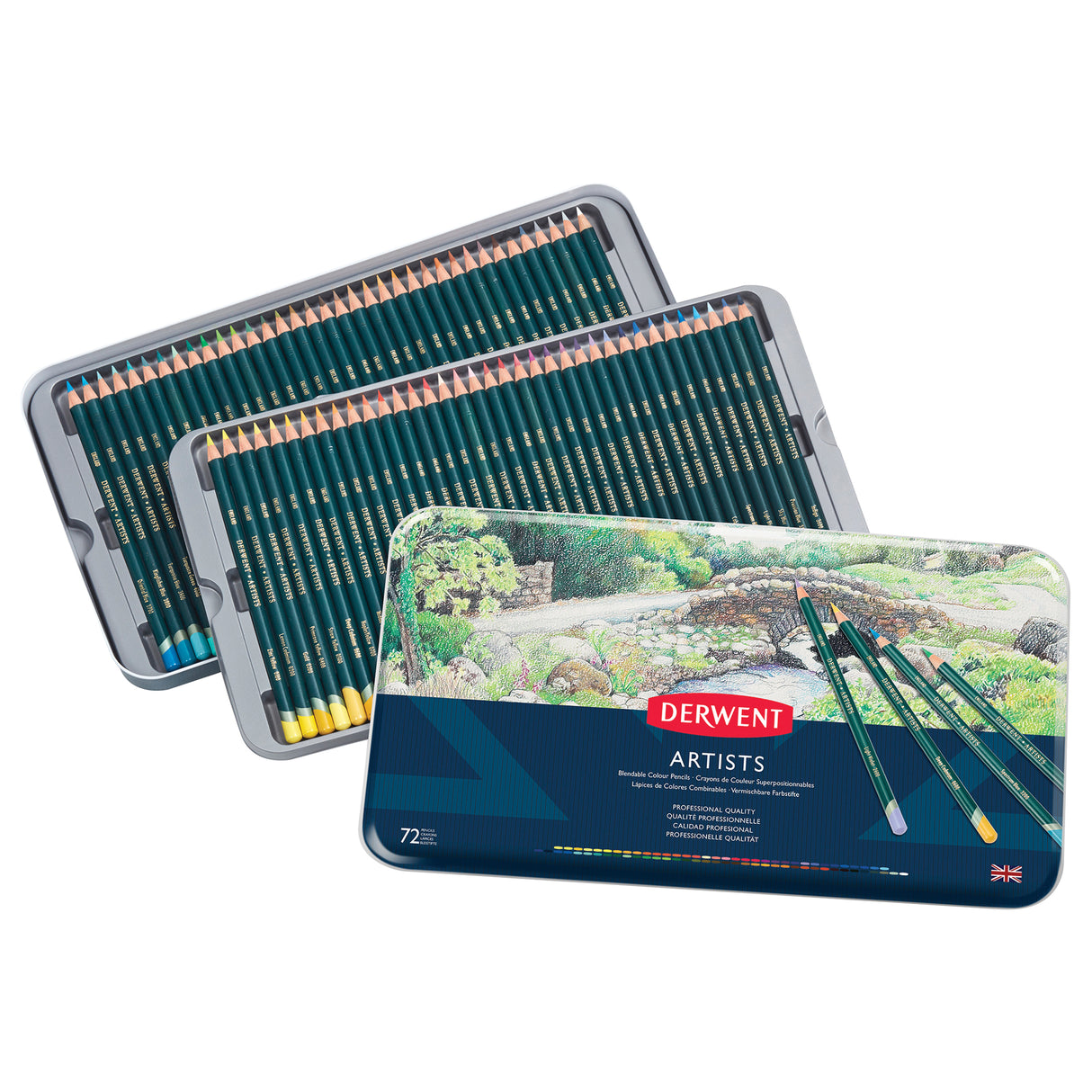 Derwent Artists' pencils set in a metal tin on a white background