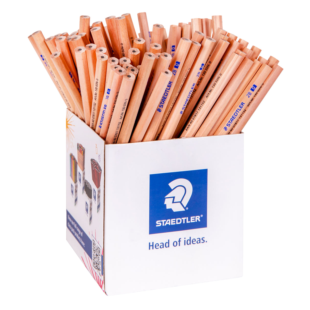 A dense cluster of natural Staedtler 2B pencils standing upright, unsharpened, showing warm wood-toned hexagonal barrels with blue "2B 0" text running along each one. The pencils are bunched closely together, with their flat-cut ends facing upward at an angle.
