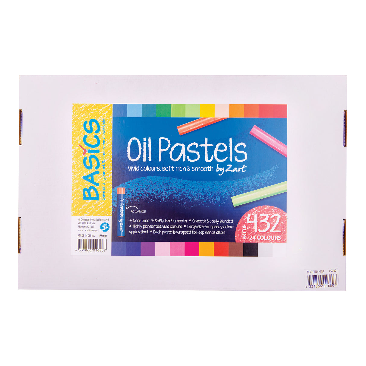 Zart Basics Oil Pastels 132-piece classroom pack packaging laid flat, showing product details, colour swatches, pastel illustrations, and text describing non-toxic, richly pigmented pastels.