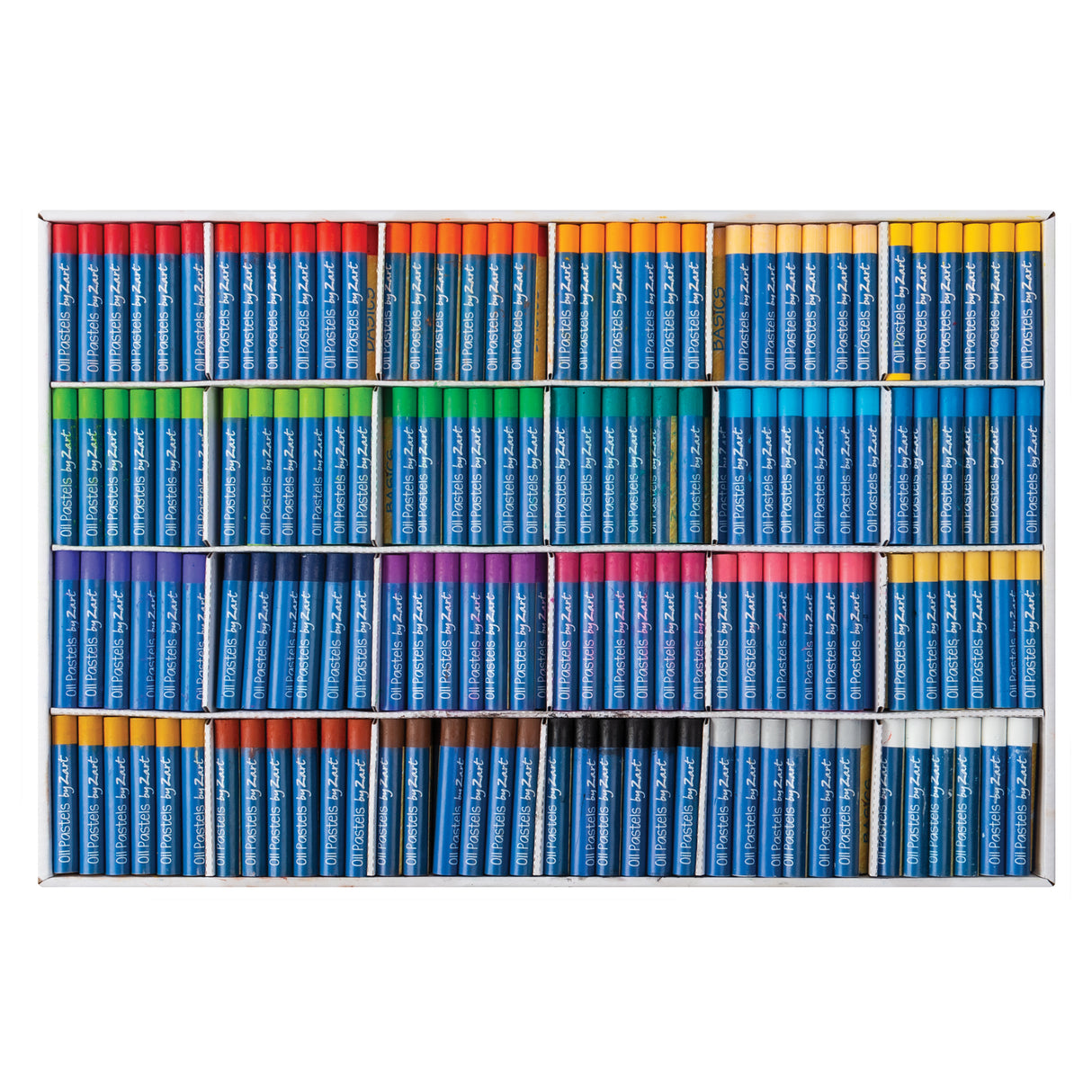 Open classroom tray filled with 132 Zart oil pastel sticks, neatly organised by colour into rows, showing a wide spectrum including brights, neutrals, whites, and metallics.