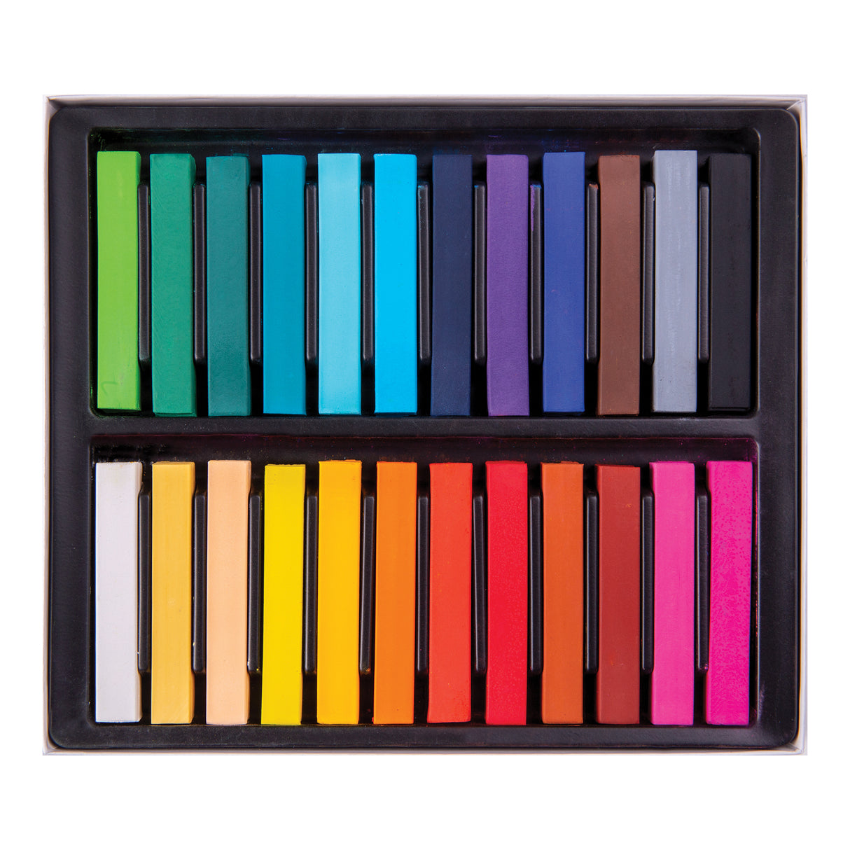 Open black tray displaying twenty-four Mungyo dry pastel sticks arranged in two rows. The top row contains greens, blues, violet and neutral colours, while the bottom row shows white, yellows, oranges, reds and pinks. Each stick is rectangular with smooth sides.