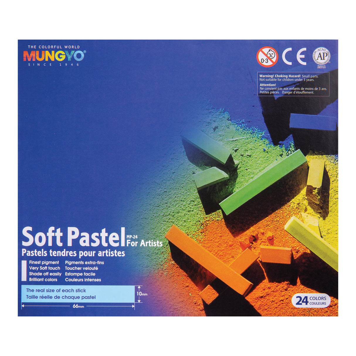 Front packaging of MUNGYO Soft Pastel MP-24 For Artists. The box features pastel sticks lying across colourful pastel powder on a blue background. Visible headings include MUNGYO and Soft Pastel MP-24 For Artists, with 24 COLOURS shown in the corner.