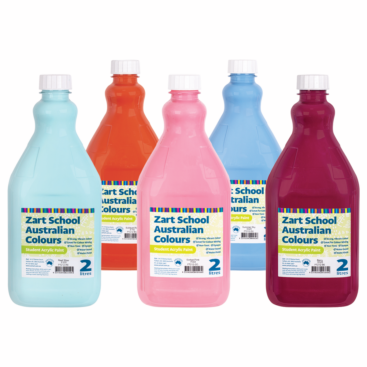 Five 2-litre bottles of Zart School Australian Colours Student Acrylic Paint arranged in a row, featuring colours inspired by the Australian landscape: soft pink, sky blue, pale aqua, bright red-orange, and deep magenta. Each bottle has a white screw cap and colourful striped label branding.
