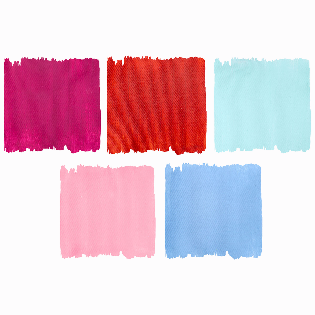 Five painted swatches displaying Australian-inspired colours from the Zart School Acrylic Paint collection, arranged in two rows. Top row shows magenta, bright red, and soft aqua blue. Bottom row features pale pink, and periwinkle blue. Each swatch reveals textured brushstrokes with rough, painted edges against a white background.