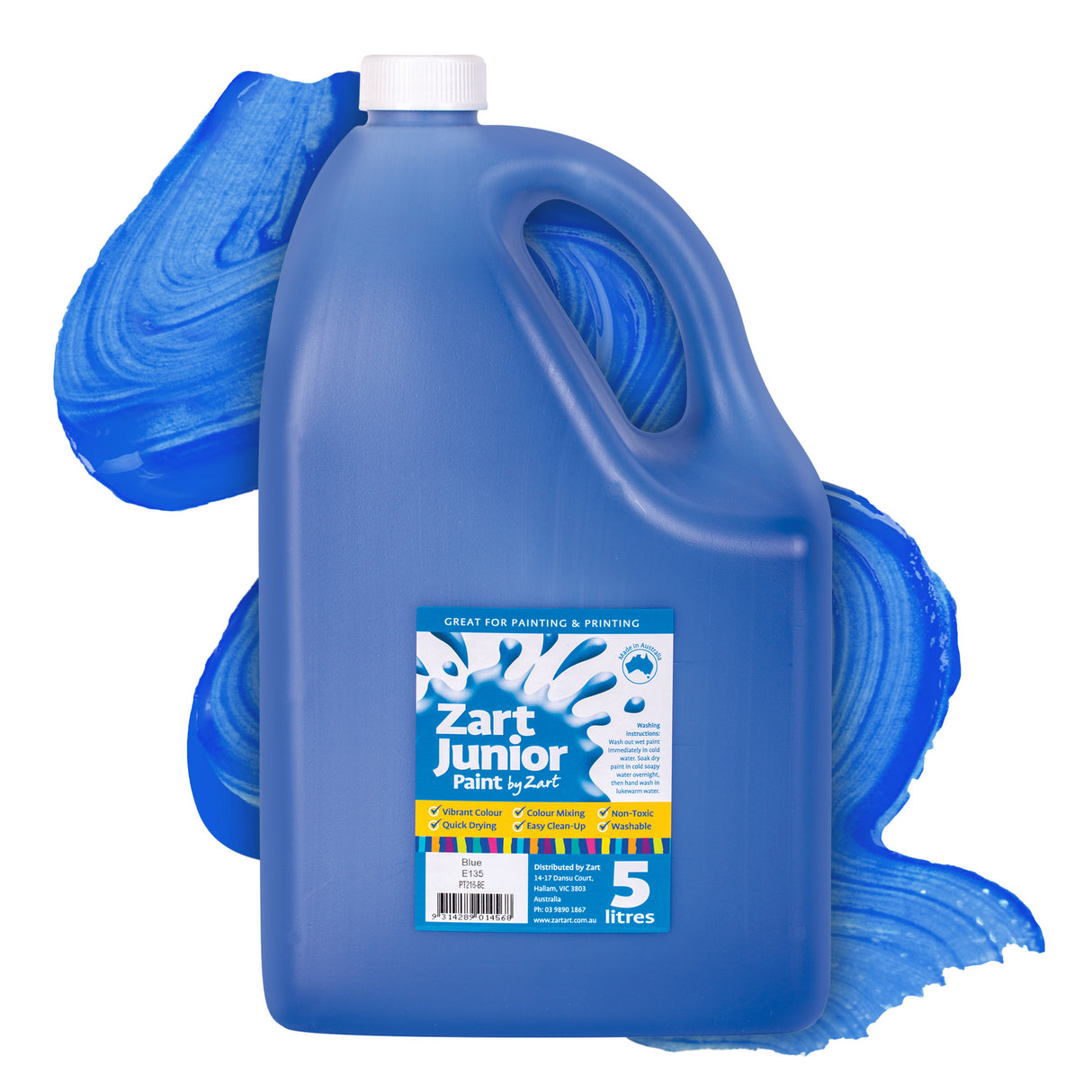 Zart Junior Paint in Blue. A large blue 5 litre plastic jug with a white screw cap and handle, set against a bold blue paint swatch background. The label reads "Zart Junior Paint by Zart — Great for Painting & Printing" with tick-listed features including Vibrant Colour, Quick Drying, Colour Mixing, Easy Clean-Up, Non-Toxic, and Washable.