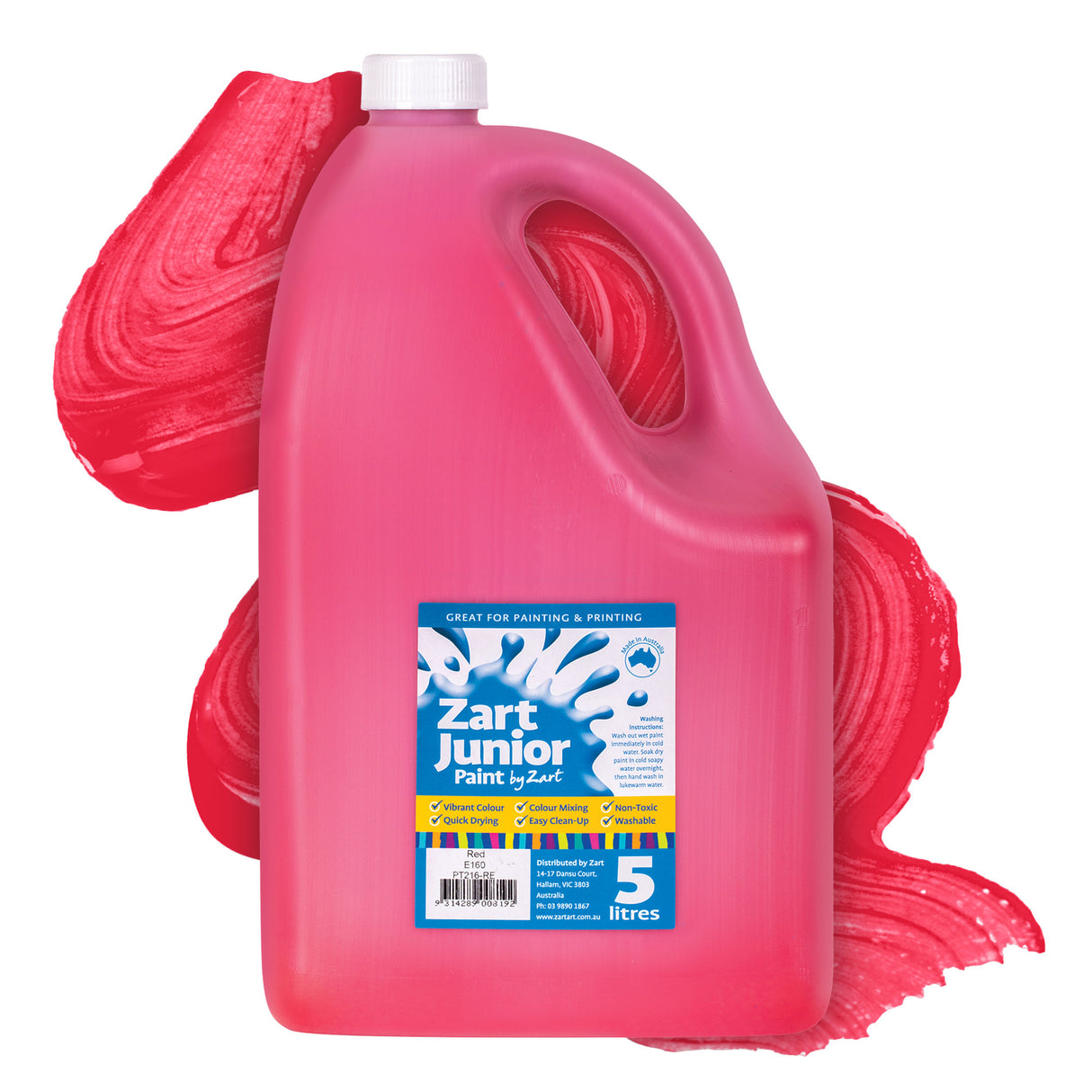 Zart Junior Paint in Red. A large bright red-pink 5 litre plastic jug with a white screw cap and handle, set against a vivid red paint swatch background. The label reads "Zart Junior Paint by Zart — Great for Painting & Printing" with tick-listed features including Vibrant Colour, Quick Drying, Colour Mixing, Easy Clean-Up, Non-Toxic, and Washable.