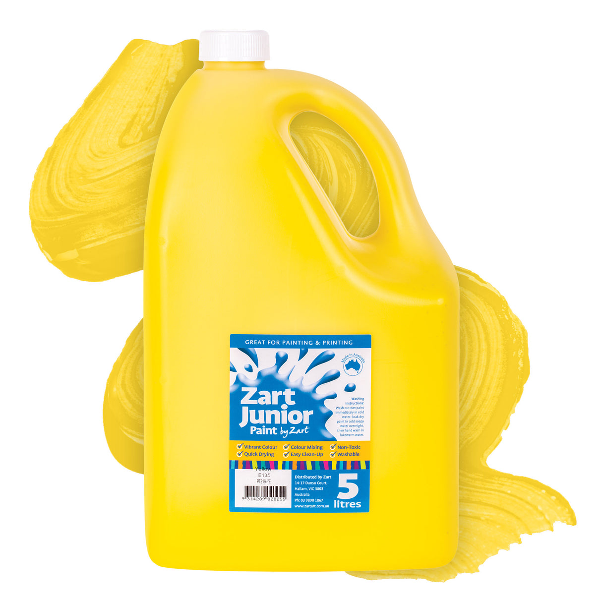 Zart Junior Paint in Yellow. A large bright yellow 5 litre plastic jug with a white screw cap and handle, set against a vivid yellow paint swatch background. The label reads "Zart Junior Paint by Zart — Great for Painting & Printing" with tick-listed features including Vibrant Colour, Quick Drying, Colour Mixing, Easy Clean-Up, Non-Toxic, and Washable.