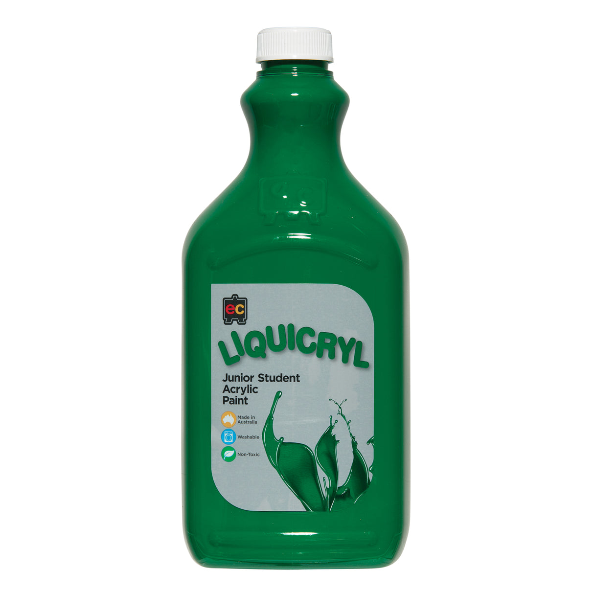 EC Liquicryl Junior Student Acrylic Paint in bright green. The plastic bottle has a white screw cap and a moulded easel logo on the shoulder, the paint showing through. Its grey label carries the coloured Liquicryl name and a paint splash, marked Made in Australia, Washable and Non-Toxic.