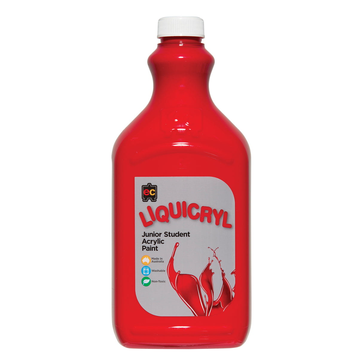 EC Liquicryl Junior Student Acrylic Paint in vivid red. The plastic bottle has a white screw cap and a moulded easel logo on the shoulder, the paint showing through. Its grey label carries the coloured Liquicryl name and a paint splash, marked Made in Australia, Washable and Non-Toxic.
