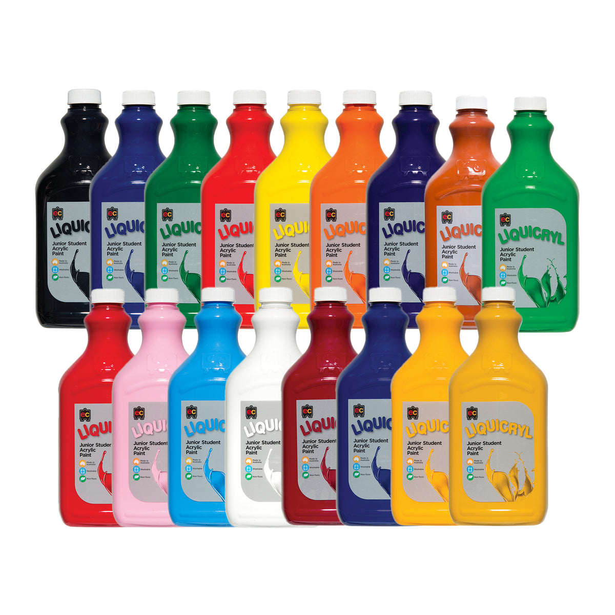 Seventeen EC Liquicryl Junior Student Acrylic Paint bottles in two rows, each with a white cap and silver label. The vibrant range spans black, blue, green, red, yellow, orange, purple, brown, pink, light blue, white, maroon and gold. Labels note "Made in Australia", "Washable" and "Non-Toxic".