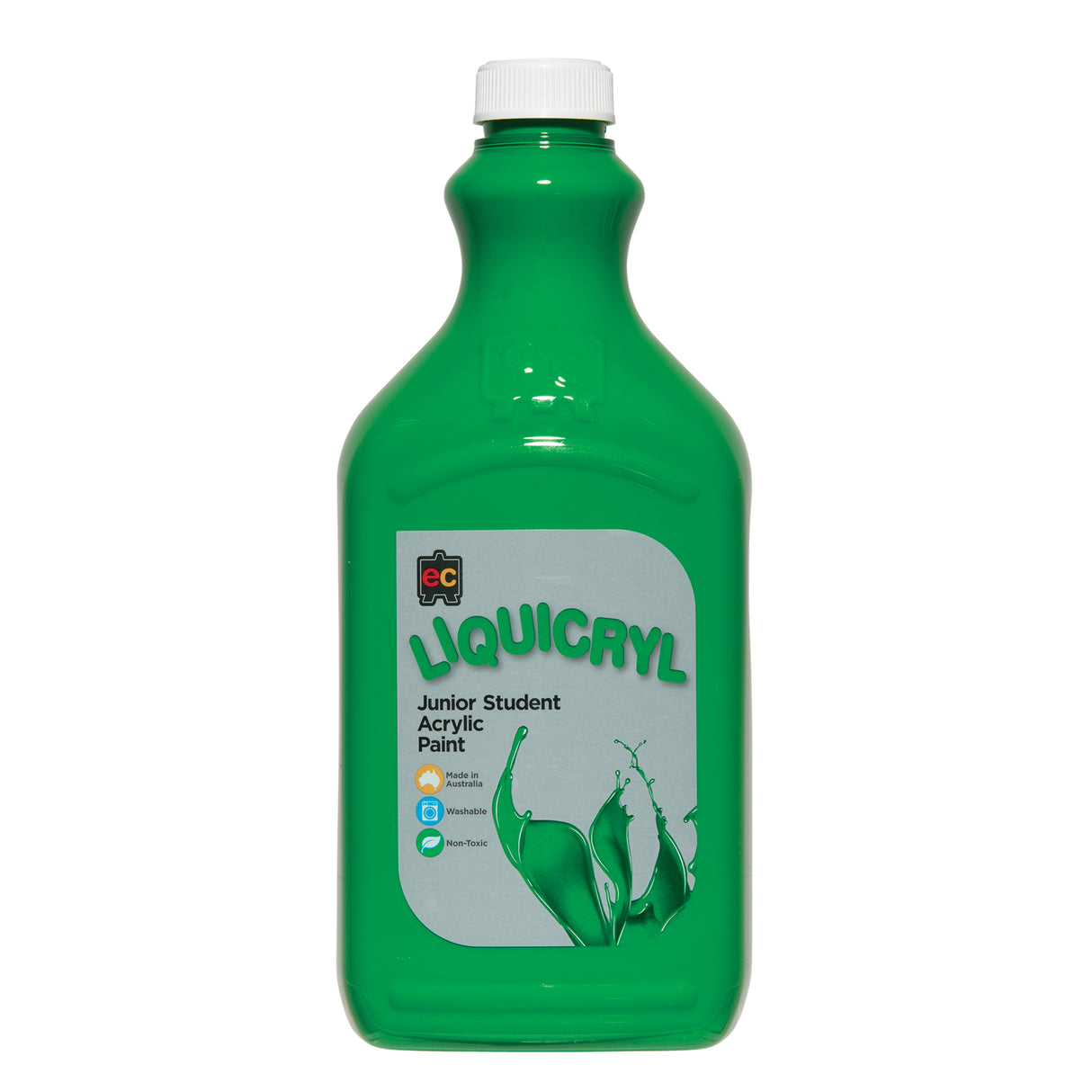 EC Liquicryl Junior Student Acrylic Paint in vivid green. The plastic bottle has a white screw cap and a moulded easel logo on the shoulder, the paint showing through. Its grey label carries the coloured Liquicryl name and a paint splash, marked Made in Australia, Washable and Non-Toxic.