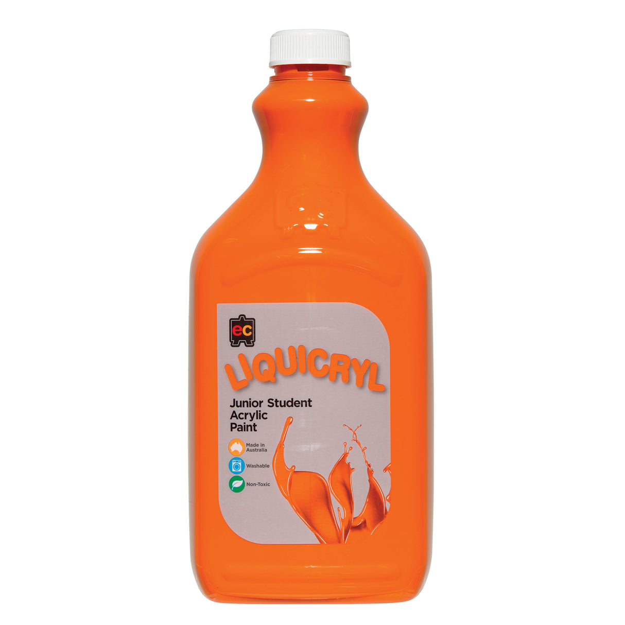 EC Liquicryl Junior Student Acrylic Paint in orange. The plastic bottle has a white screw cap and a moulded easel logo on the shoulder, the paint showing through. Its grey label carries the coloured Liquicryl name and a paint splash, marked Made in Australia, Washable and Non-Toxic.