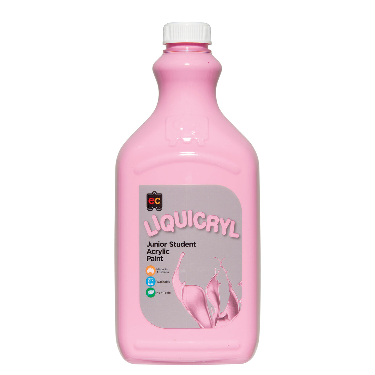 EC Liquicryl Junior Student Acrylic Paint in soft pink. The plastic bottle has a white screw cap and a moulded easel logo on the shoulder, the paint showing through. Its grey label carries the coloured Liquicryl name and a paint splash, marked Made in Australia, Washable and Non-Toxic.