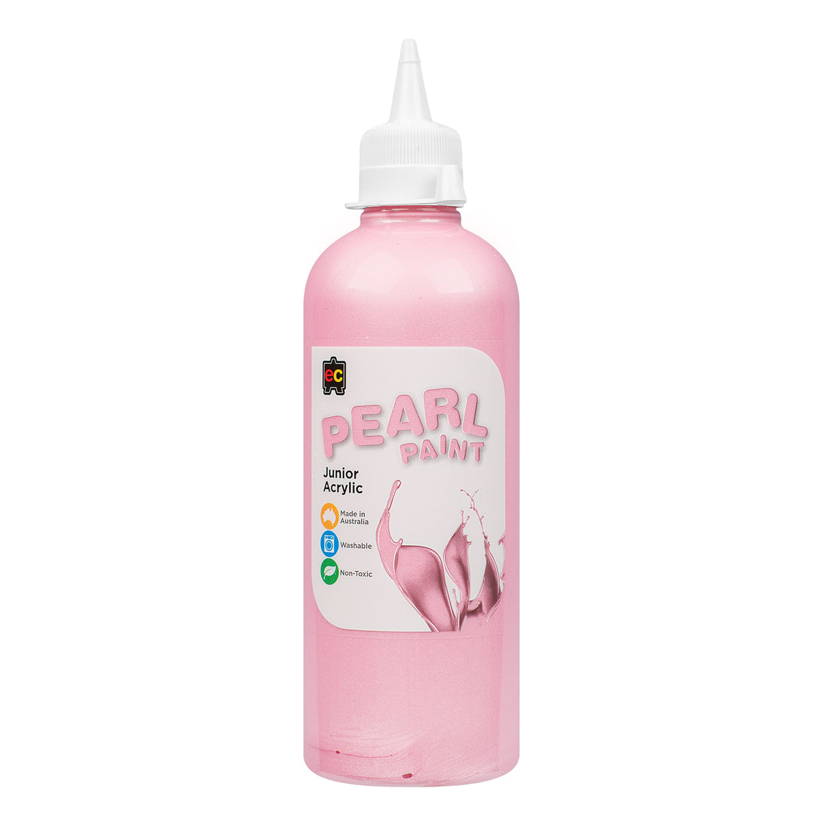 A single bottle of EC Pearl Paint standing upright against a white background, filled with shimmering soft pink pearlescent paint. The clear cylindrical bottle has a pointed white twist-top nozzle cap and a printed label, with the glittery paint visible through the plastic.