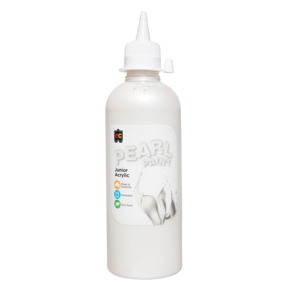 A single bottle of EC Pearl Paint standing upright against a white background, filled with shimmering pearly white paint. The clear cylindrical bottle has a pointed white twist-top nozzle cap and a printed label, with the lustrous paint visible through the plastic.
