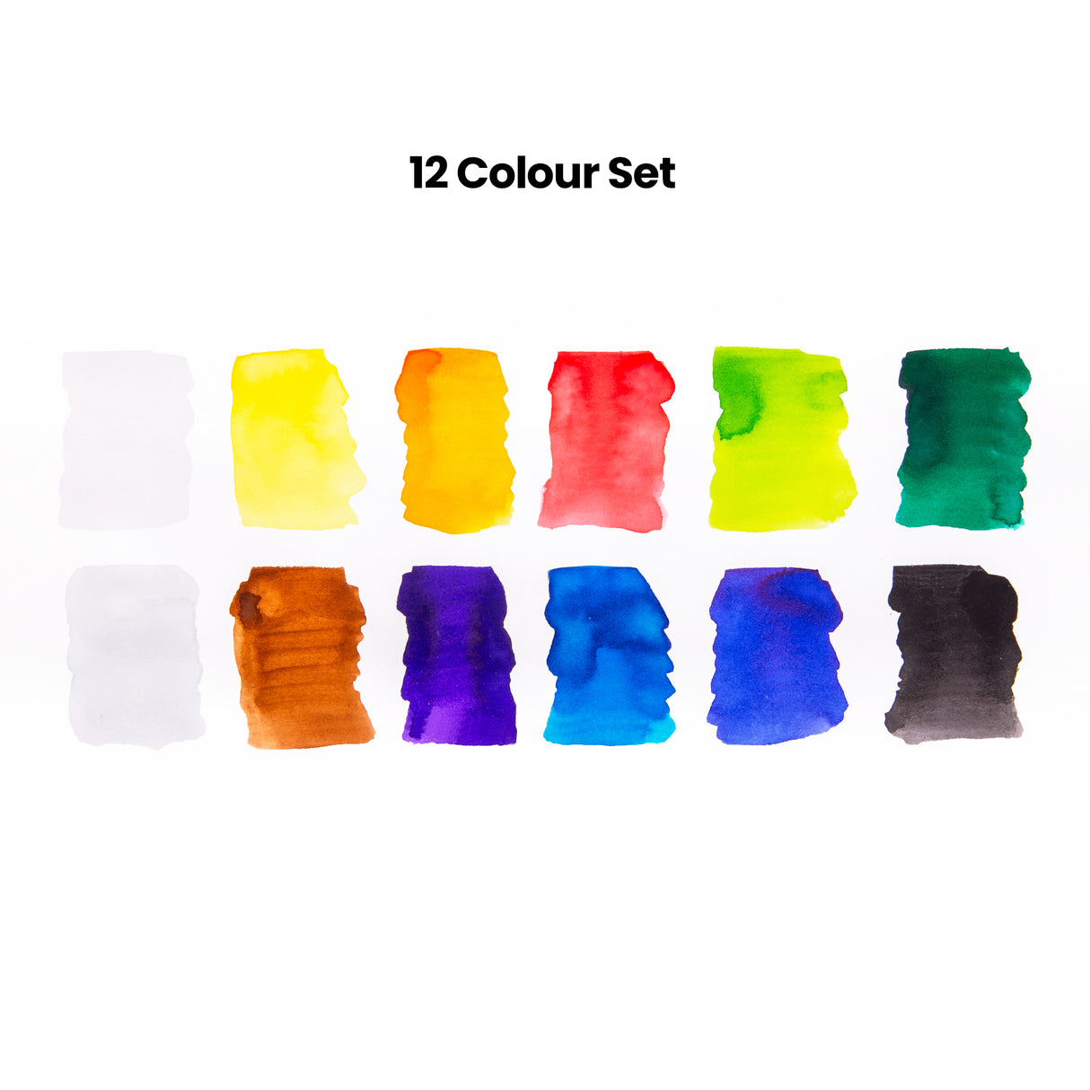 Arrangement of rectangular watercolour swatches in two rows on a white background, showing gradients in yellow, orange, red, green, blue, purple, brown, and black. Text above reads “12 Colour Set”, with each swatch displaying soft, uneven edges