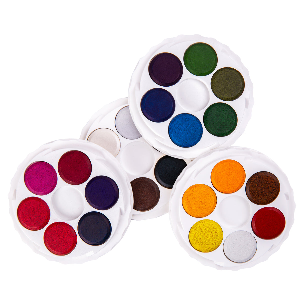 Overlapping white circular watercolour discs show rich colour pans in reds, blues, greens, yellows, browns, black and white. The Micador Brilliant Water Colours sets are arranged against a white background, with clear plastic lids and round mixing wells visible.