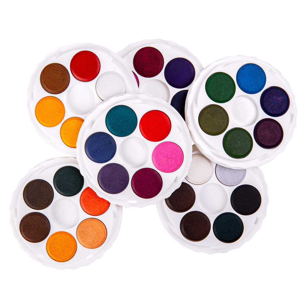 Six stacked circular Micador Brilliant Water Colours discs overlap on a white background, showing varied colour families including warm oranges, reds and browns, pinks and purples, cool blues and greens, plus neutral greys, whites and blacks in white plastic trays.
