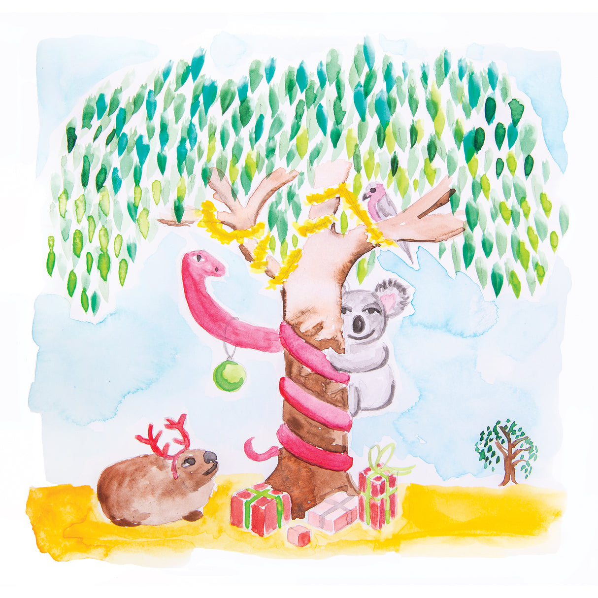 A Zart Primecolours Watercolour Palette artwork of Australian animals under a weeping gum tree for Christmas: a koala hugging the trunk, a pink snake draped with a tinsel garland and green bauble, a galah perched above, and a reindeer-antlered wombat resting beside wrapped gifts on golden ground.