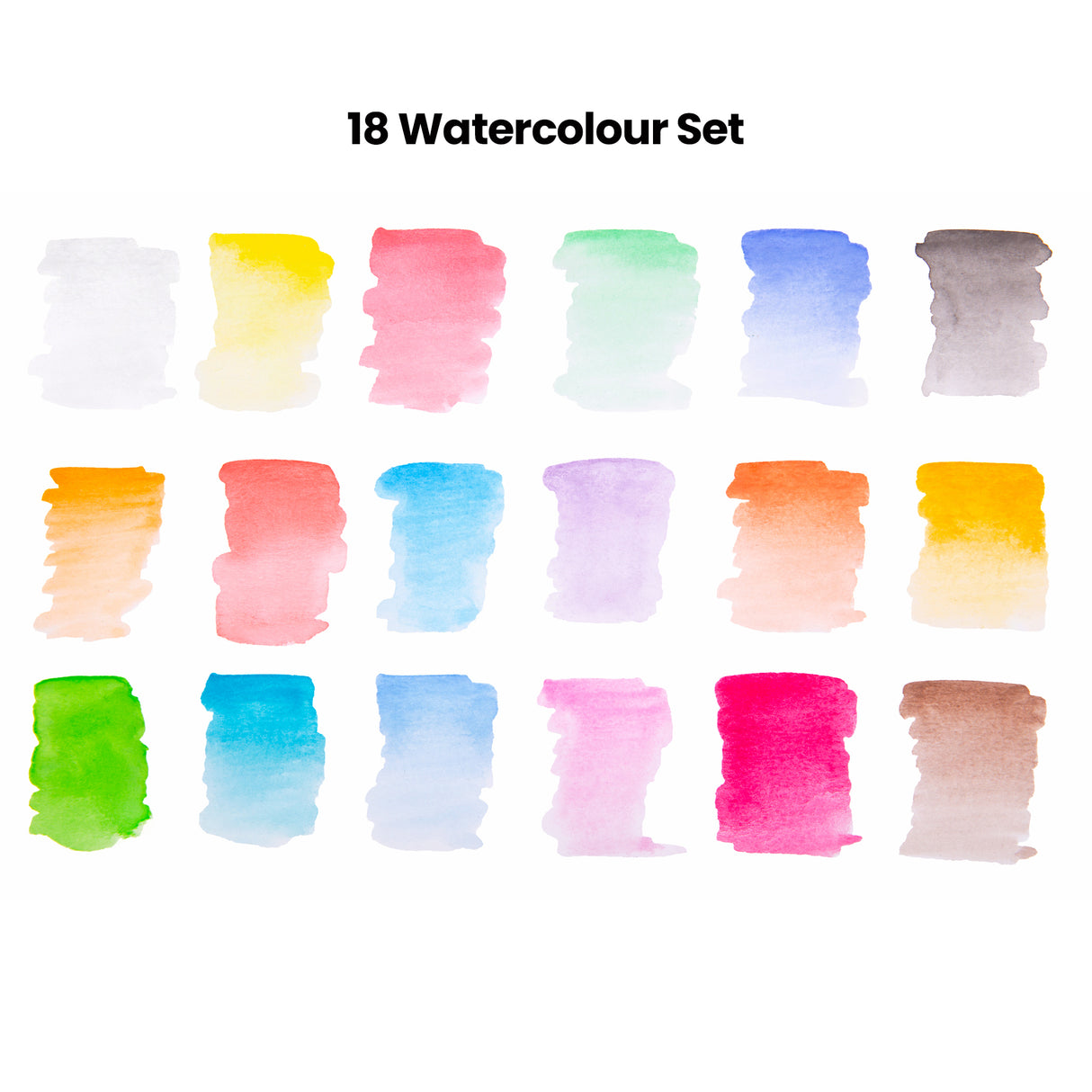 Set of 18 watercolor swatches in various colors on a white background with '18 Watercolour Set' text.