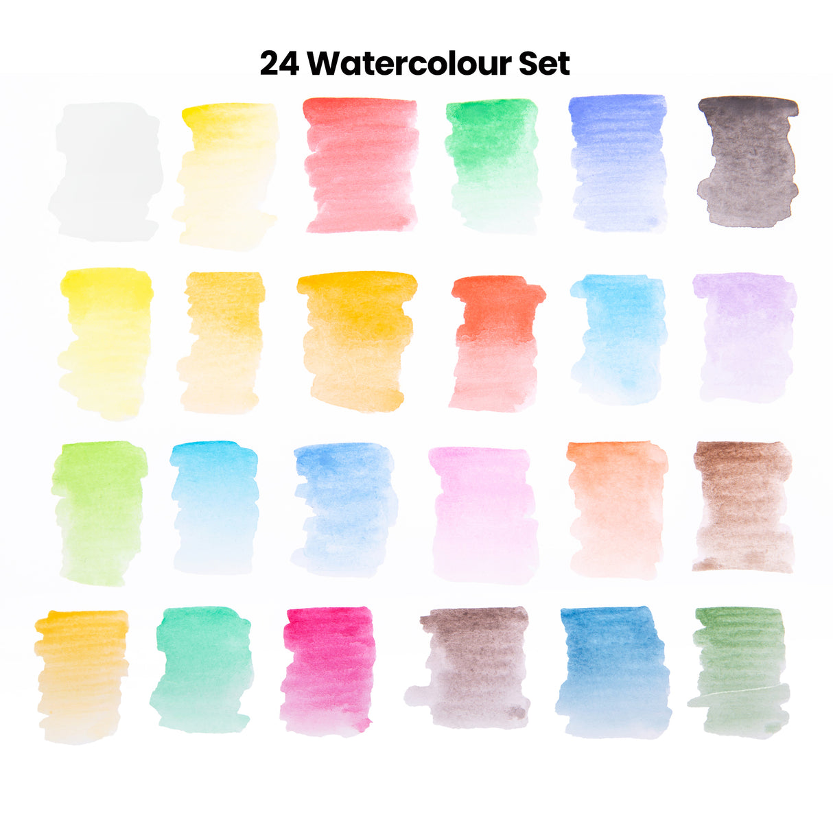 Set of 24 watercolor swatches in various colors on a white background