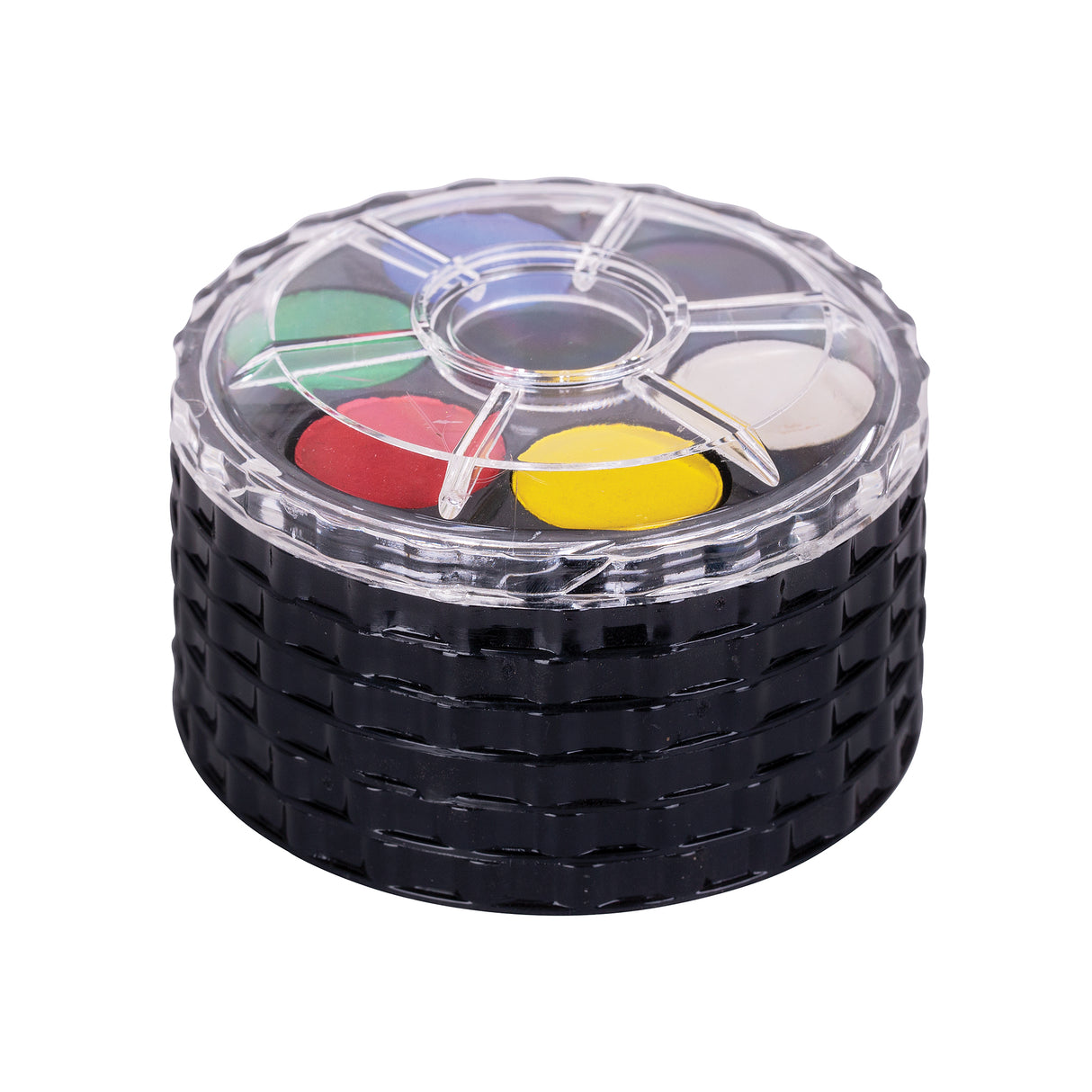 Black circular object with colorful buttons on a white background